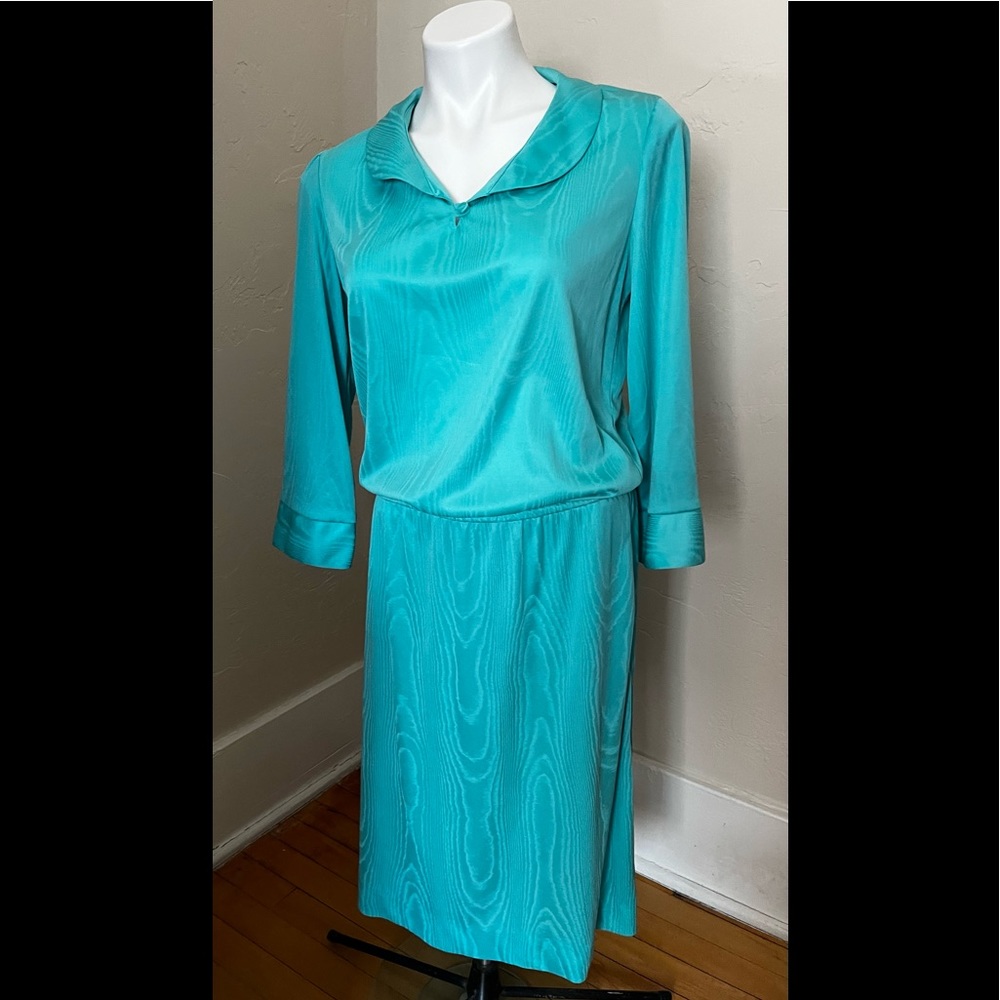 Ms Sugar vintage aqua dress 👗 poly nylon long sleeve 70’s 80’s small 2 pockets
